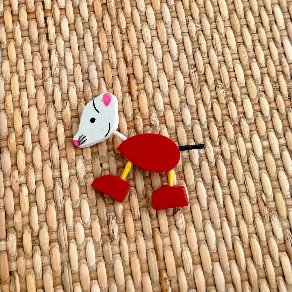 Vintage Wooden Red and White Mouse Brooch